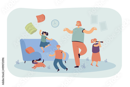 Mother meditating while naughty children creating chaos at home. Mischievous kids running in room, mom trying to keep calm. Cartoon vector illustration for parenthood, childhood, large family concept