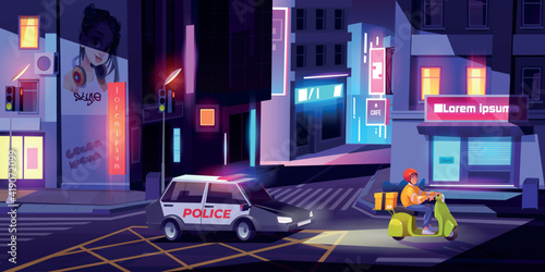 Police car pursue delivery man on scooter on city street at night. Vector cartoon cityscape with patrol vehicle with flashing light chasing courier on motorcycle with box