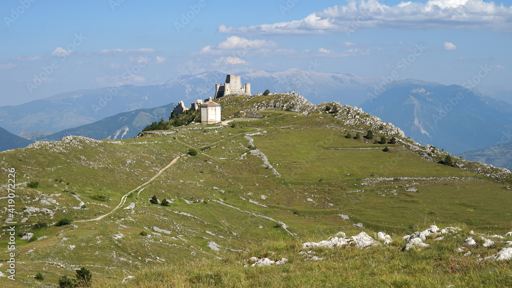 Rocca Calascio castle, medieval mountaintop fortress in Apennine Mountains landscape, travel hiking concept, Abruzzo Italy