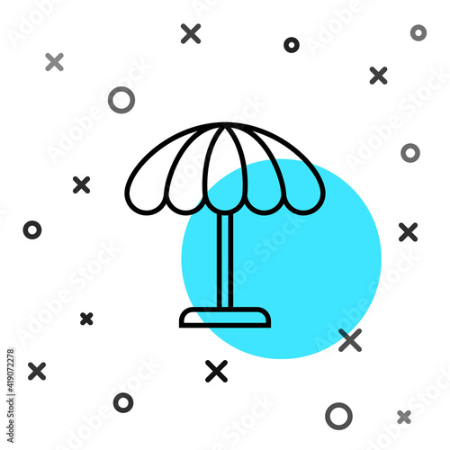 Black line Sun protective umbrella for beach icon isolated on white background. Large parasol for outdoor space. Beach umbrella. Random dynamic shapes. Vector Illustration.