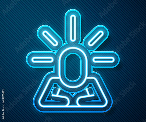 Glowing neon line Depression and frustration icon isolated on blue background. Man in depressive state of mind. Mental health problems. Vector.