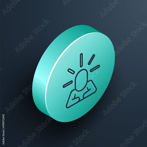 Isometric line Depression and frustration icon isolated on black background. Man in depressive state of mind. Mental health problems. Turquoise circle button. Vector.