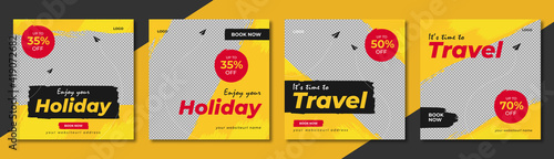 Creative travel sale social media post template design. Travelling business offer promotion flyer or poster with logo & graphic background. Online digital marketing web banner for summer beach holiday