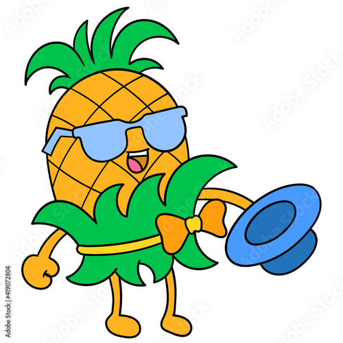 a cool style pineapple is performing, doodle icon image kawaii