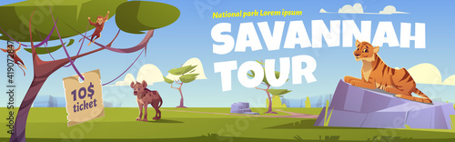 Savannah tour cartoon banner, invitation in national park with wild animals. Tiger, hyena and monkey jungle inhabitants in zoo or safari outdoor area, vector web poster for booking tickets