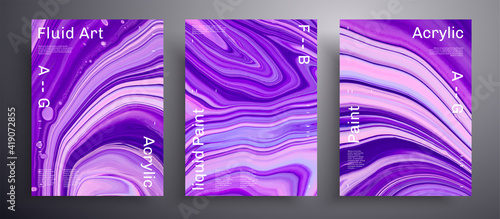 Abstract vector placard, set of modern design fluid art covers. Trendy background that can be used for design cover, invitation, flyer and etc. Purple, pink and navy blue creative iridescent artwork