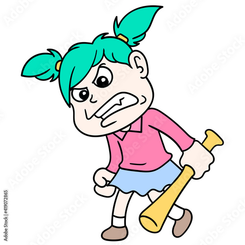 a girl with an angry face is giving her revenge carrying a bat to beat, doodle icon image kawaii