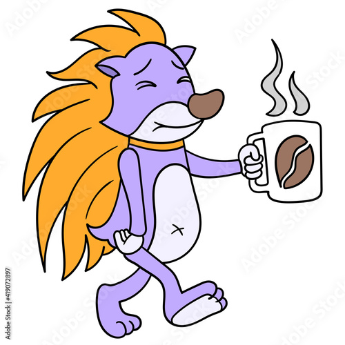 a hedgehog is walking sleepily carrying a glass of coffee, doodle icon image kawaii