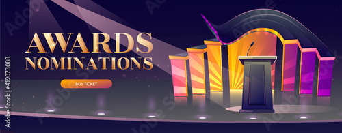 Award nominations cartoon banner with tribune, microphone, glowing spotlights in conference hall, stage for presentation, empty scene interior. Announcement of ceremony event vector poster