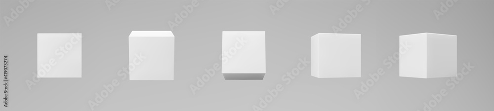 White 3d modeling cubes set with perspective isolated on grey background. Render a rotating 3d box in perspective with lighting and shadow. Realistic vector icon White 3d modeling cubes set with perspective isolated on grey background. Render a rotating 3d box in perspective with lighting and shadow. Realistic vector icon