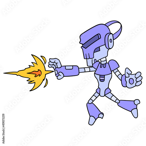 android human robot attack issuing a fireball kick, doodle icon image kawaii
