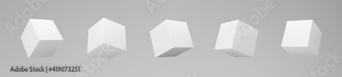 White 3d modeling cubes set with perspective isolated on grey background. Render a rotating 3d box in perspective with lighting and shadow. Realistic vector icon