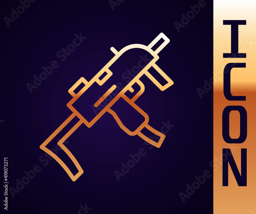 Gold line MP9 submachine gun icon isolated on black background. Automatic weapon. Vector.