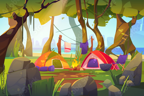 Camping tents with campfire and tourist stuff in forest, traveler halt with, chair drying clothes on nature landscape with trees and sea scenery view, summer hiking, travel Cartoon vector illustration