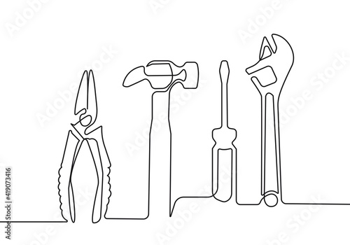 Repair and Construction Tools Line Art Drawing. Tools Symbol Line Art Illustration. Minimalist Trendy Contemporary Design Perfect for Wall Art, Prints, Social Media, Posters, Invitations, Branding