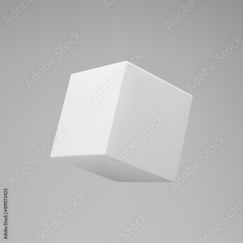White 3d modeling cube with perspective isolated on grey background. Render a rotating 3d box in perspective with lighting and shadow. Realistic vector icon