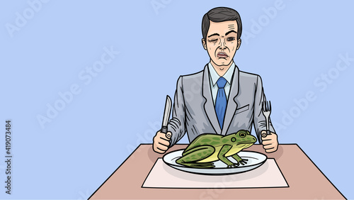 A businessman eats a toad. A business metaphor for self-motivation.
