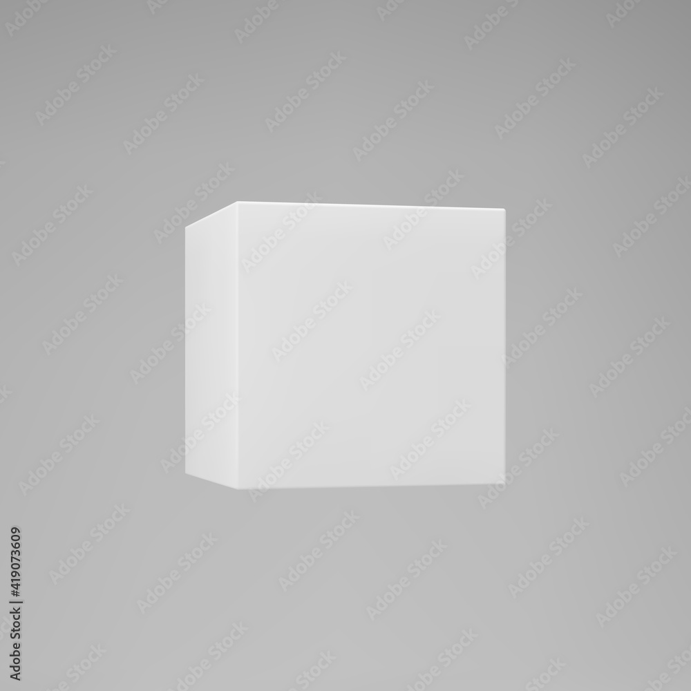 White 3d modeling cube with perspective isolated on grey background. Render a rotating 3d box in perspective with lighting and shadow. Realistic vector icon White 3d modeling cube with perspective isolated on grey background. Render a rotating 3d box in perspective with lighting and shadow. Realistic vector icon