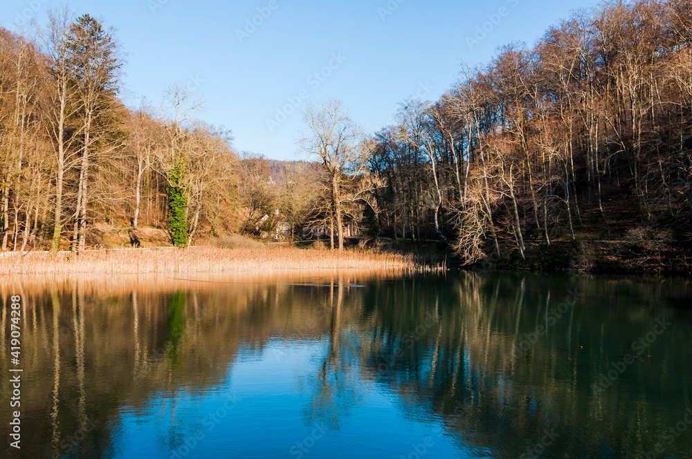 Arlesheim, Ermitage, See, Holzsteg, Steg, Wanderweg, Wald, Frühling, Winter, Abendsonne, Abendstimmung, Baselland, Schweiz