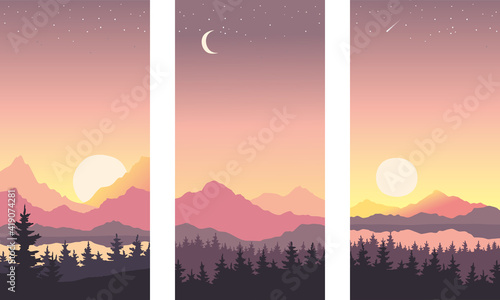 Abstract night landscape with mountains and firs. Three vector illustrations, wallpapers. Twilight, sunset.	