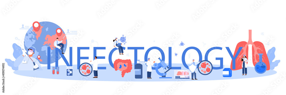 Infectology typographic header. Infection disease specialist treating Infectology typographic header. Infection disease specialist treating