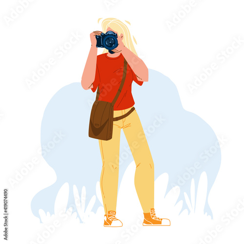Photographer Girl Make Photo With Camera Vector
