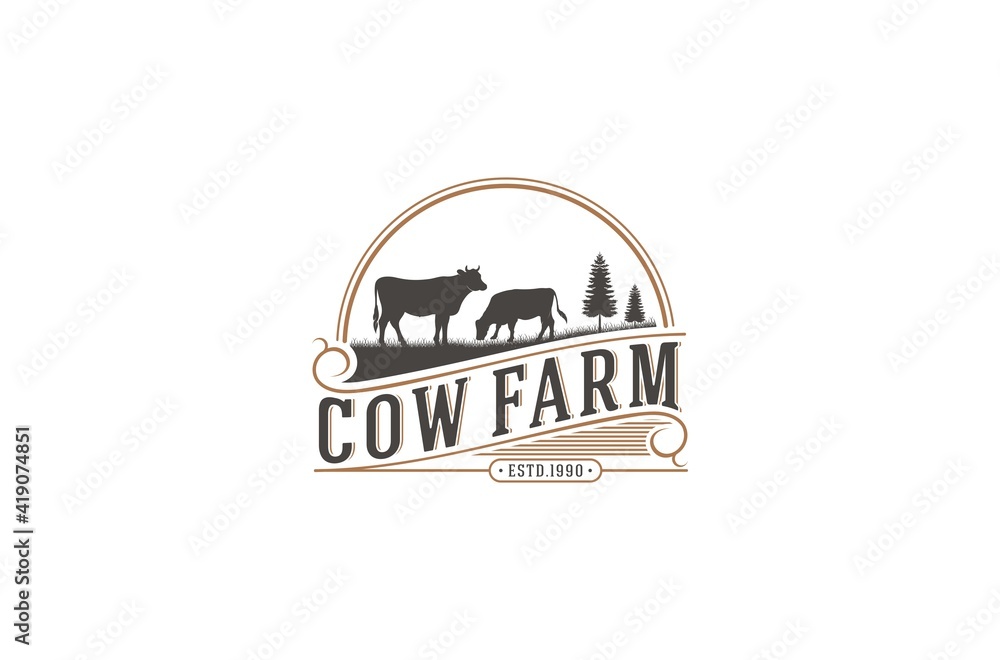 cow farm logos complete with lush cow vectors and grasses