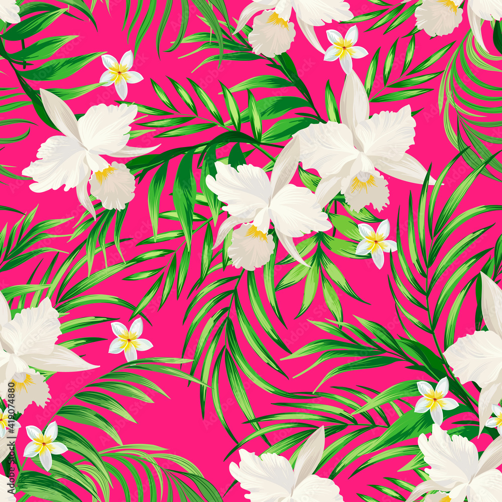 Fototapeta premium Tropical vector pattern with hibiscus, orchid, palm leaves.Exotic style. Seamless botanical print for textile, print, fabric on dark background