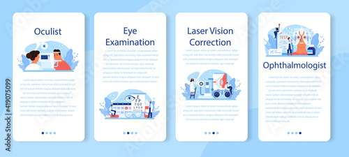 Oculist mobile application banner set. Idea of eye exam and treatment.