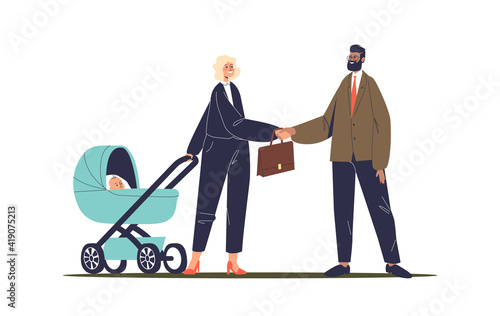 Successful businesswoman with baby stroller meeting with business partners