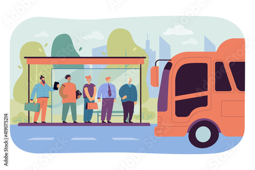 Passengers waiting for transport at bus stop. Students, businessman with suitcase and senior man standing at bus station, bus driving. Illustration for public transport, transportation concept