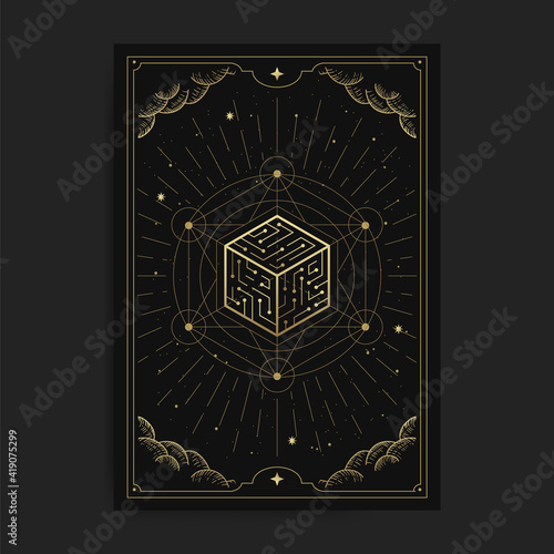 Cube of universe, card illustration with esoteric, boho, spiritual, geometric, astrology, magic themes, for tarot reader card or posters