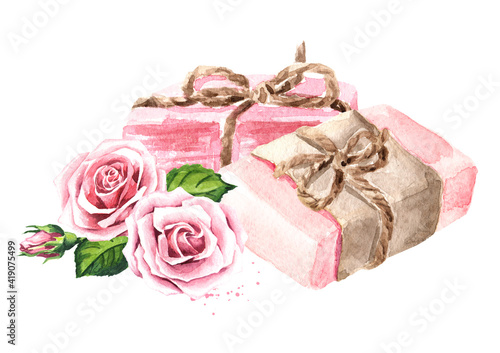 Natural handmade rose soap with flowers. Watercolor hand drawn illustration, isolated on white background