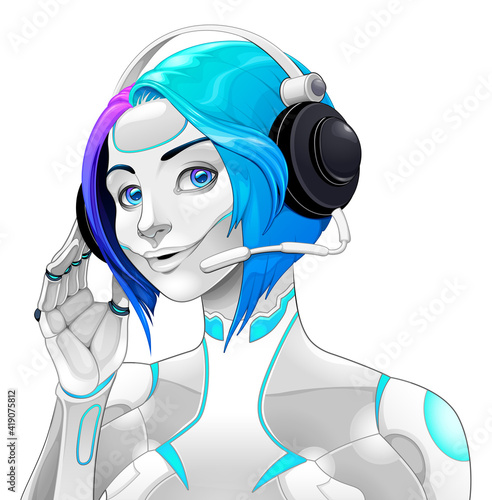 Female android with headphones. Vector isolated character
