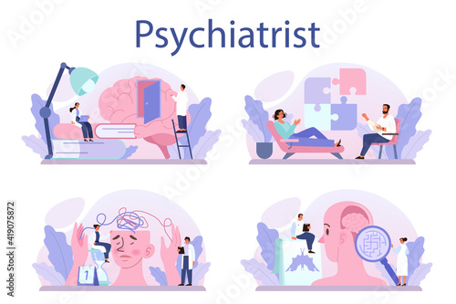 Psychiatrist concept set. Mental health diagnostic. Doctor treating human