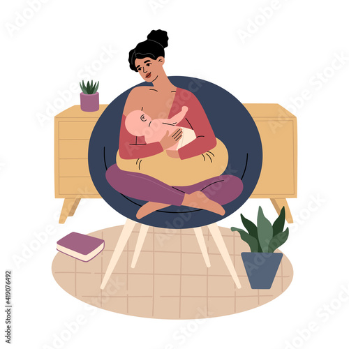 БYoung mother holding newborn child. Smiling woman sitting on a chair and breastfeeding her baby. Female lactation concept, trendy modern illustration in flat cartoon style isolated on white backgroun