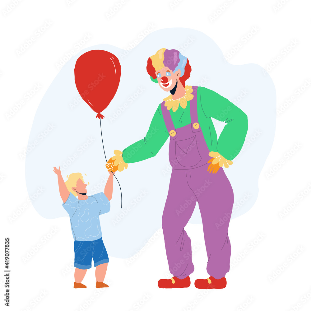 Clown Giving To Little Boy Child Balloon Vector Clown Giving To Little Boy Child Balloon Vector