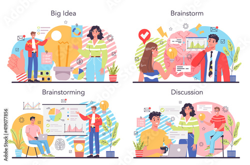 Brainstorm concept set. New idea generation in teamwork discussion.