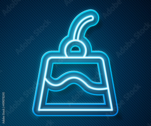 Glowing neon line Pudding custard with caramel glaze icon isolated on blue background. Vector.