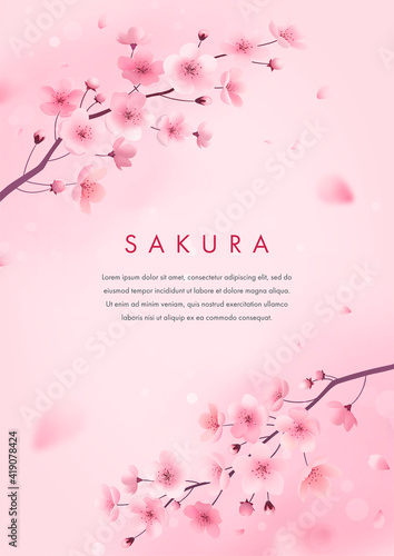 Spring cherry blossom greeting card. Vector illustration of realistic blossoming sakura flowers. Floral background for poster, cover, booklets, wedding invitation