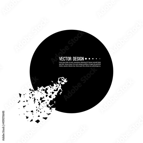 Explosive black banner. Vector circle breaking into small debris with sharp particles.