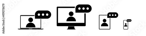 Online training vector icon. on-line school. video conference. internet webinar. Video call study. Computer based distance education. laptop class media course. isolated white background.