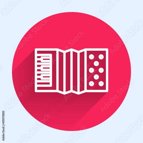 White line Musical instrument accordion icon isolated with long shadow. Classical bayan, harmonic. Red circle button. Vector.