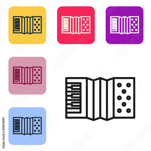 Black line Musical instrument accordion icon isolated on white background. Classical bayan, harmonic. Set icons in color square buttons. Vector.