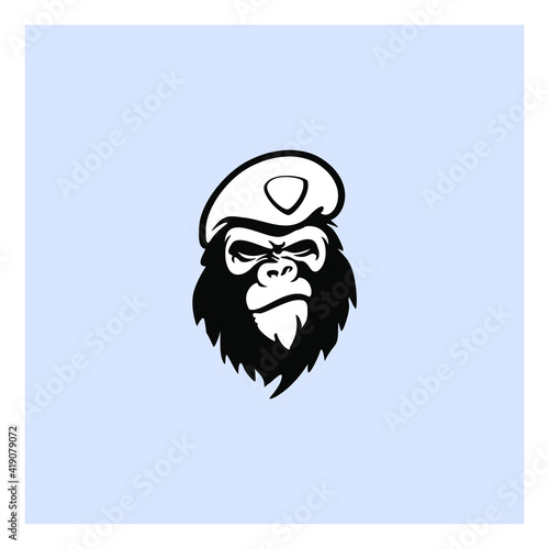 Serious gorilla in monochrome style in the beret. Vector illustration

