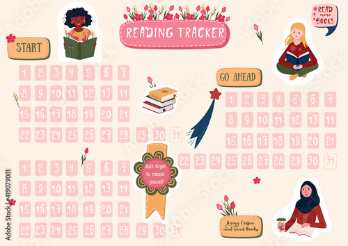 Habits Tracker for reading books on 3 months. Stickers of reading books on Agenda. Daily planner for read books every day. Schedule for kids and students. Journal Bullet plan.