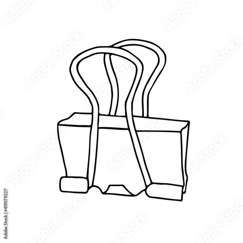 Hand drawn black vector illustration of a metalic Binder Clip for paper isolated on a white background