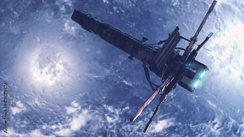 Futuristic space ship flying near earth.