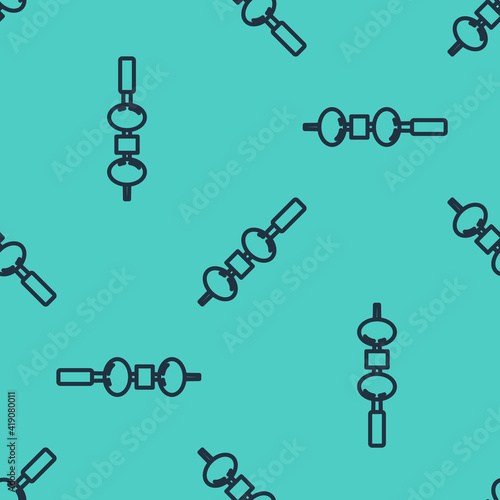Black line Olive and cheese on chopstick icon isolated seamless pattern on green background. Canape, tapas with cheese and olive. Vector.