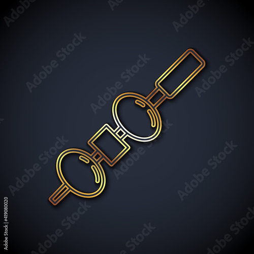 Gold line Olive and cheese on chopstick icon isolated on black background. Canape, tapas with cheese and olive. Vector.